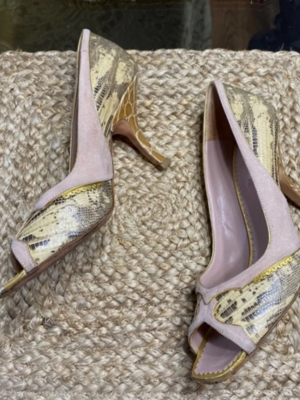 Prada alligator/ lizard gold pale pink peep toe heels Size 8 /38
